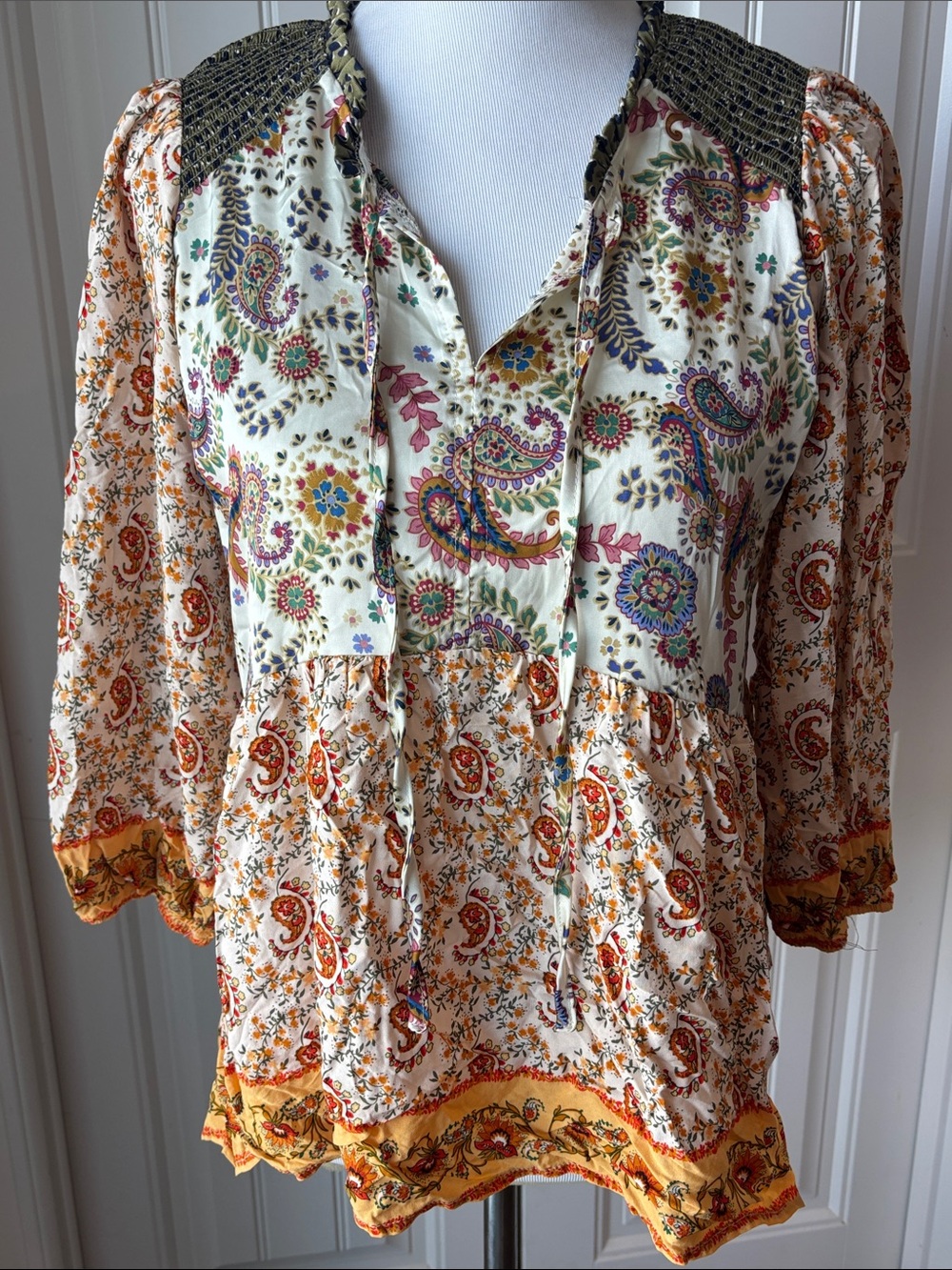 Umgee Cream Floral boho Blouse with Green & Navy Accents